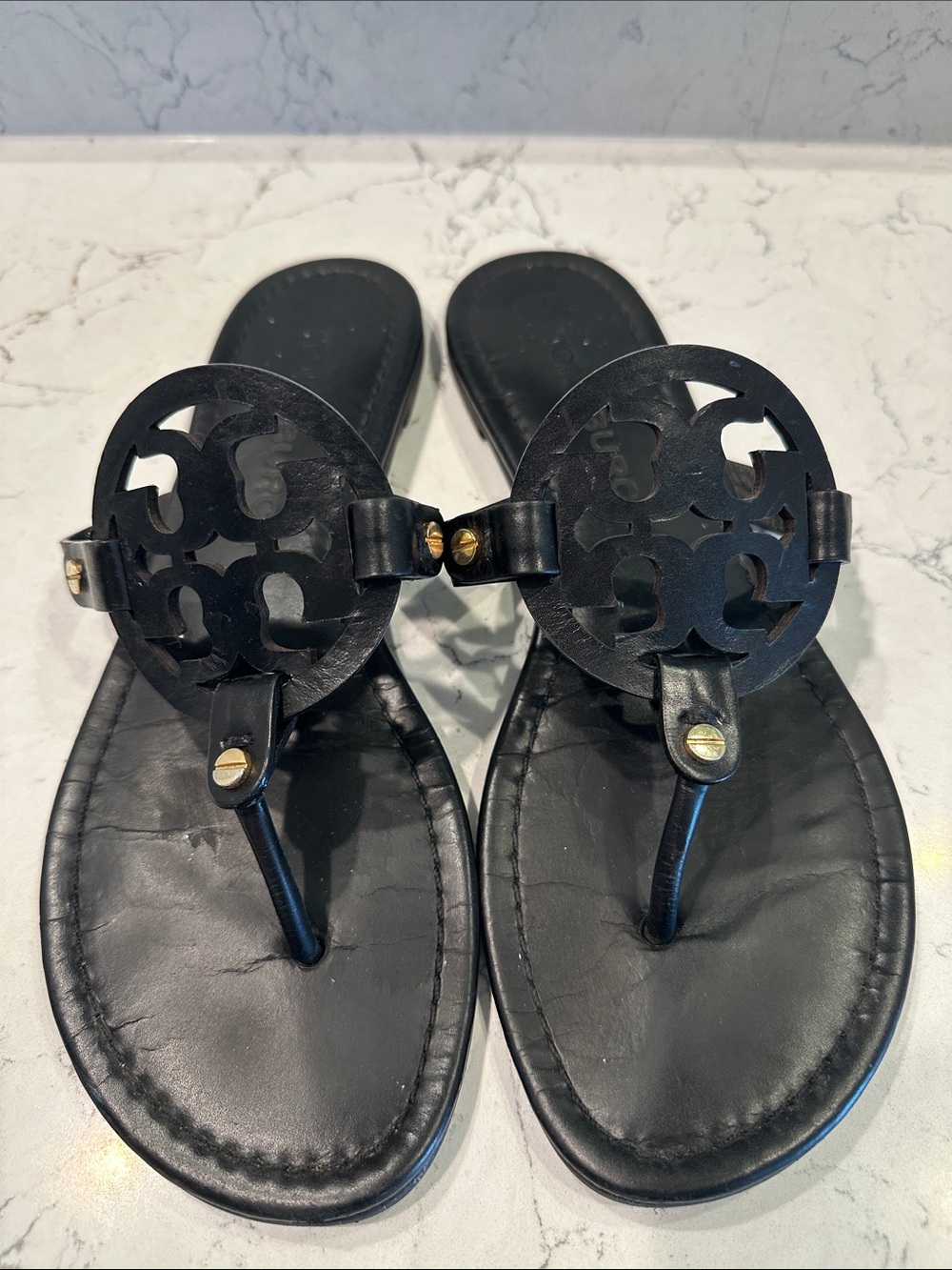 Tory Burch Black Miller Sandals Leather Size 9